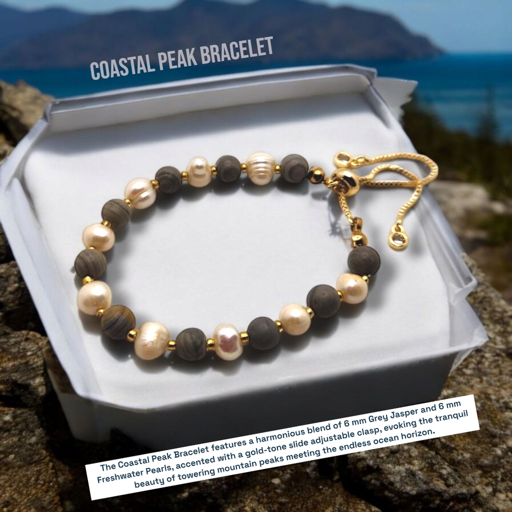 6 mm Grey Jasper and Freshwater Pearl Slide Clasp Bracelet